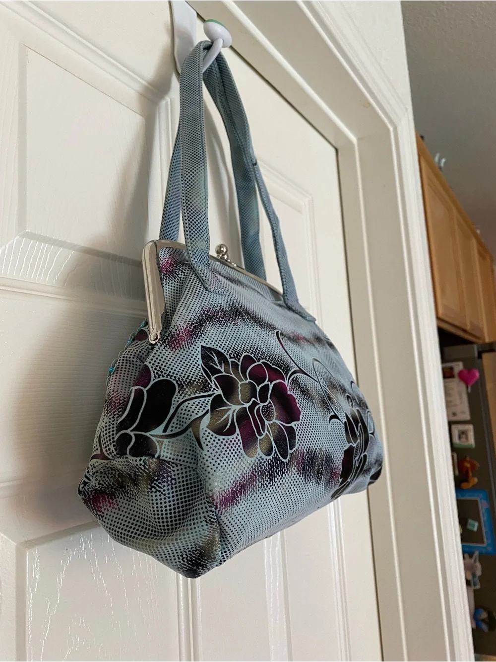 Embellished Floral Sequin Frame-Top Shoulder Bag - Blue